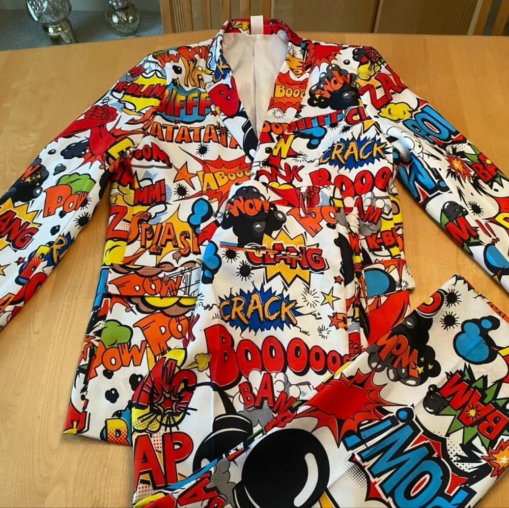 Spirit Halloween Suit Coat & Pants Pow Splash Boom All Over PRINT Superhero 42